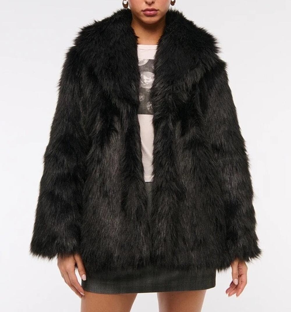 Abercrombie Womens Faux Fur Over Coat Shaggy S Black Glam Hollywood Statement